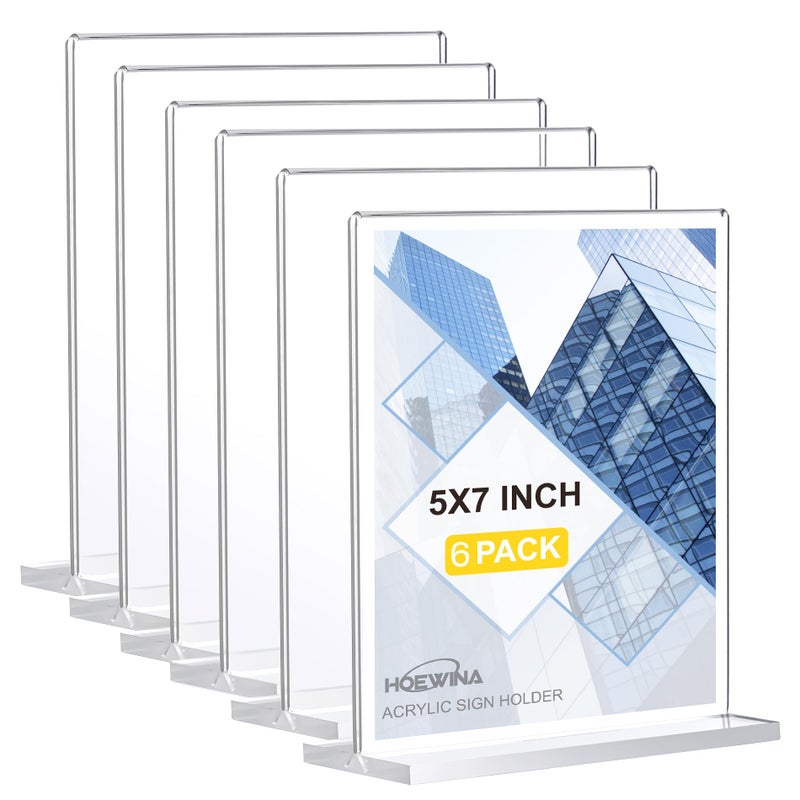 Hoewina Acrylic Sign Holder 5 x 7 Inch 6 Pack - acrylic display stands for Store table sign holder - Vertical Double-Sided Acrylic Stands, Vendor Booth Display Items - Flyer Holder & Plastic Paper Holder - Acrylic Frame for Restaurants, Office, Home, Store - Image 1